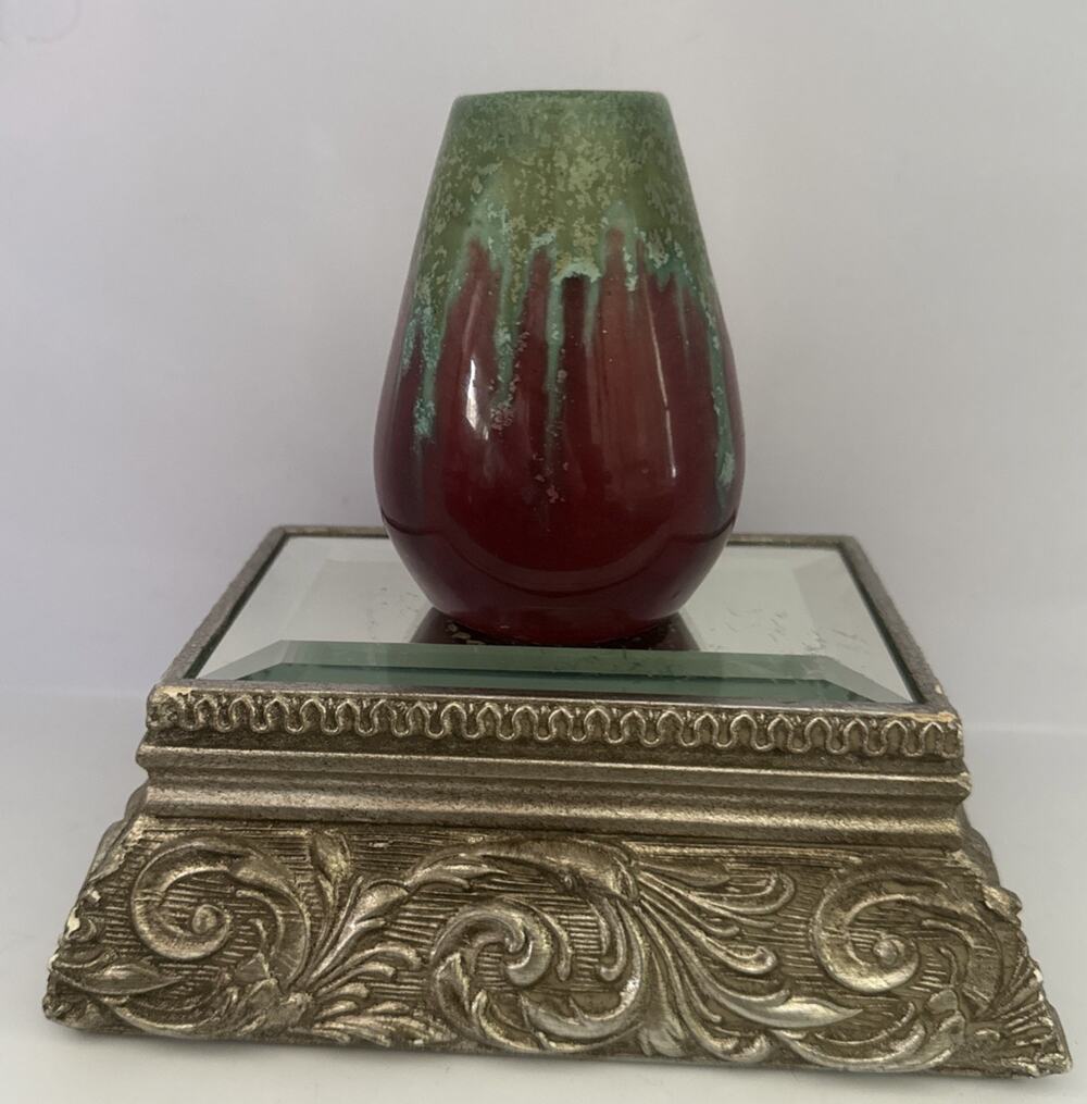 Belgium Art Pottery Green Drip Glaze Bulbous 3.5”Vase Faiencerie Thulin Vintage